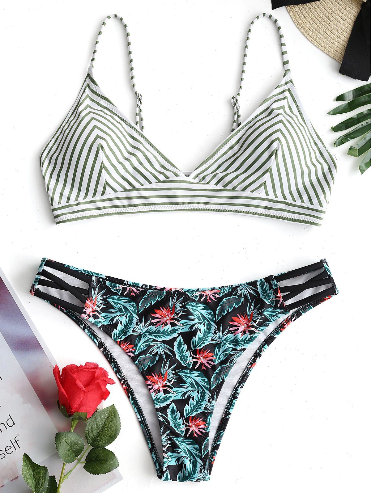 

Zig Zag Leaf Print Bikini Set, Multicolor