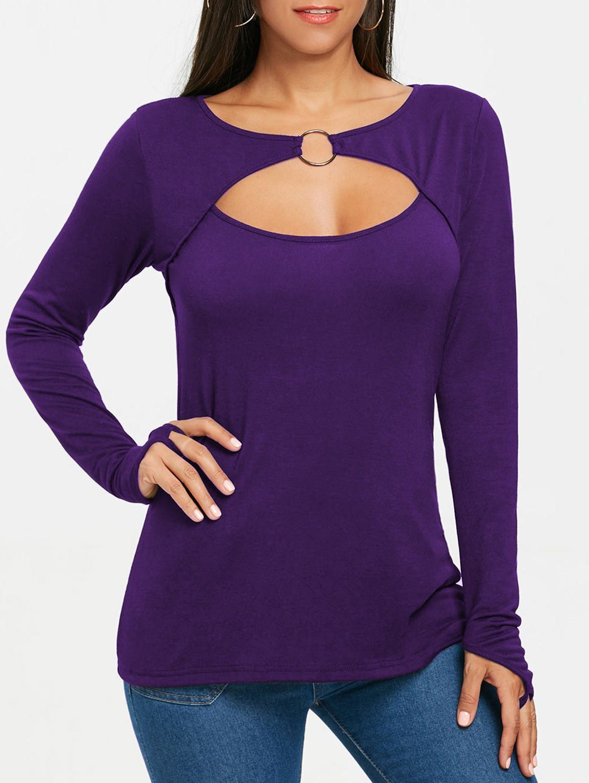 [17% OFF] 2021 Long Sleeve Cut Out Front Fingerless T-shirt In PURPLE ...
