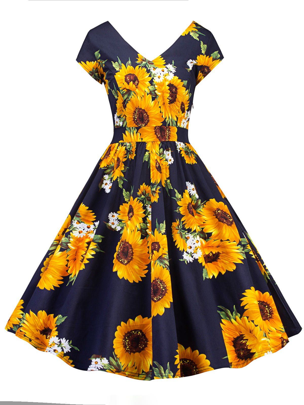 

Retro Sunflower Print Pin Up Skater Dress, Purplish blue