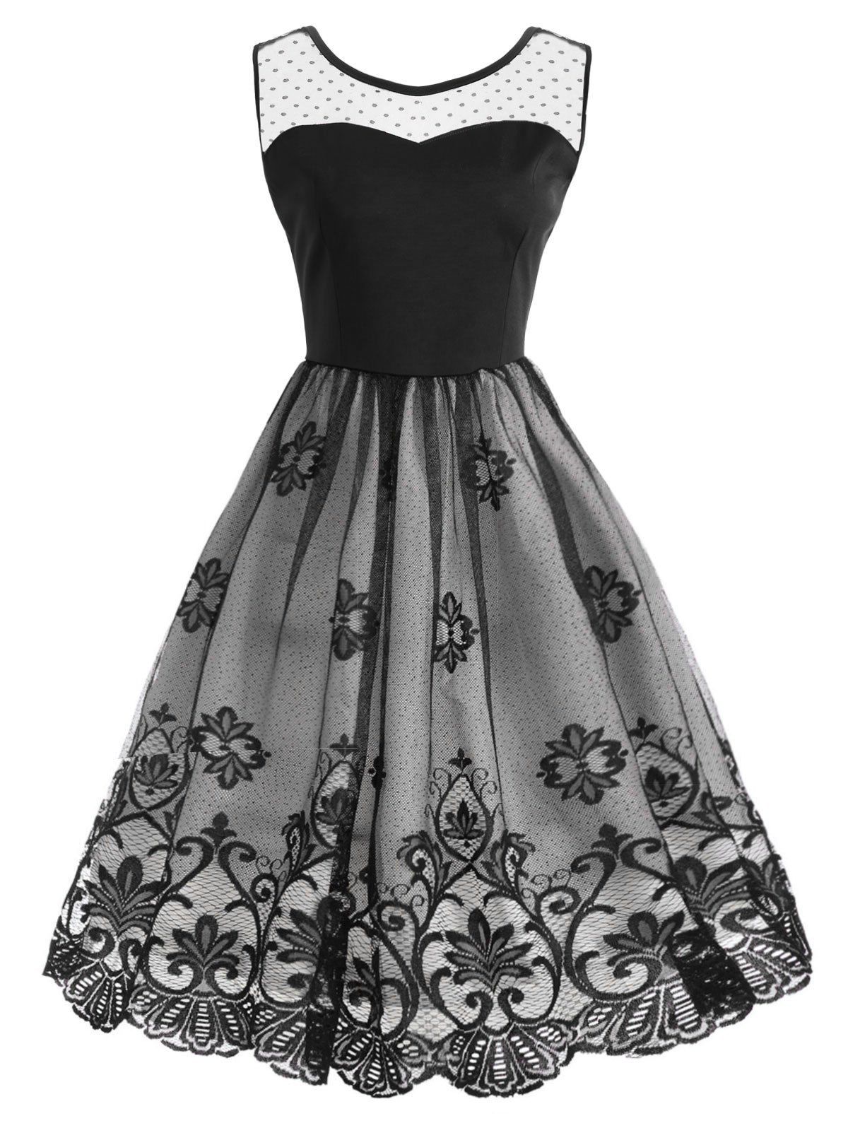 

Backless Lace Mesh Panel Cocktail Dress, Black