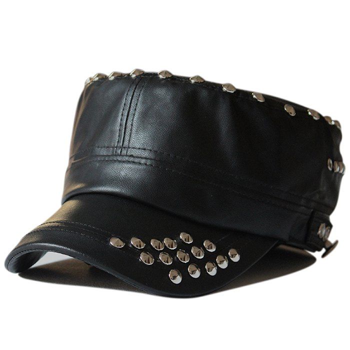 

Rivet Decorated PU Leather Military Hat, Black