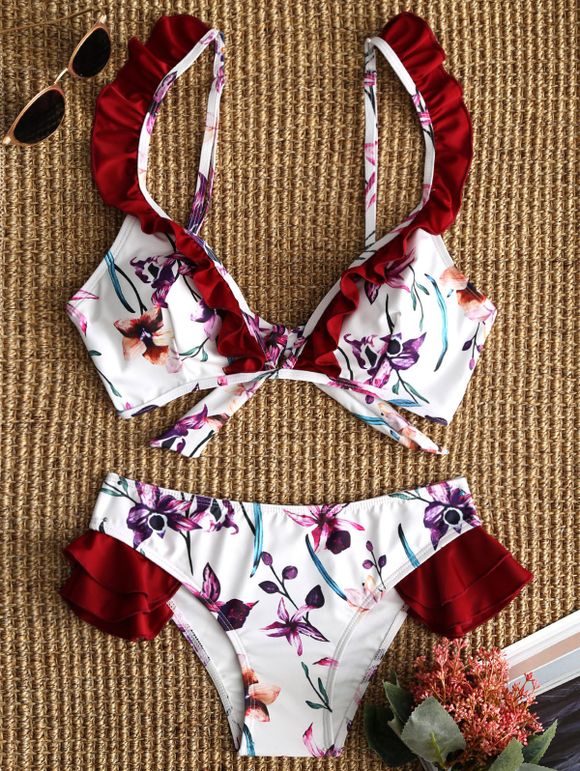 Maillot de Bain Bikini Floral à Volants - multicolore M