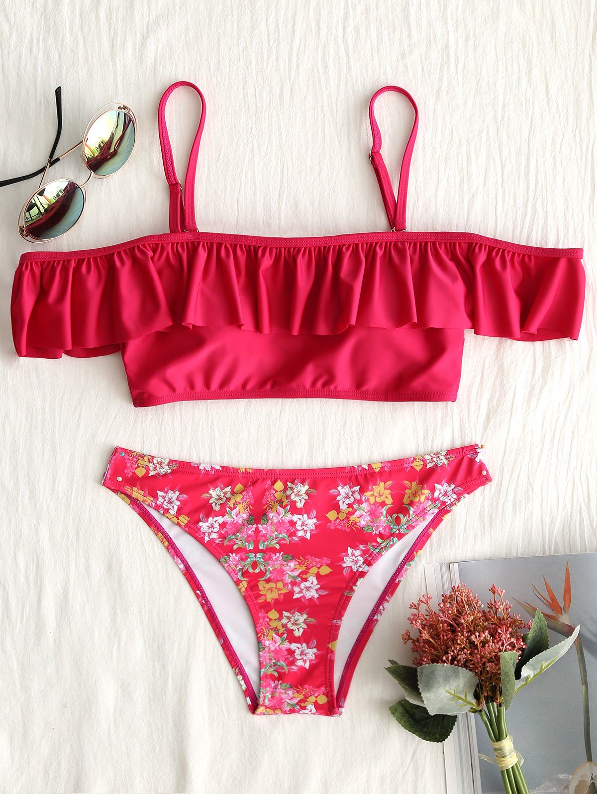 

Flounce Off The Shoulder Floral Bikini, Red