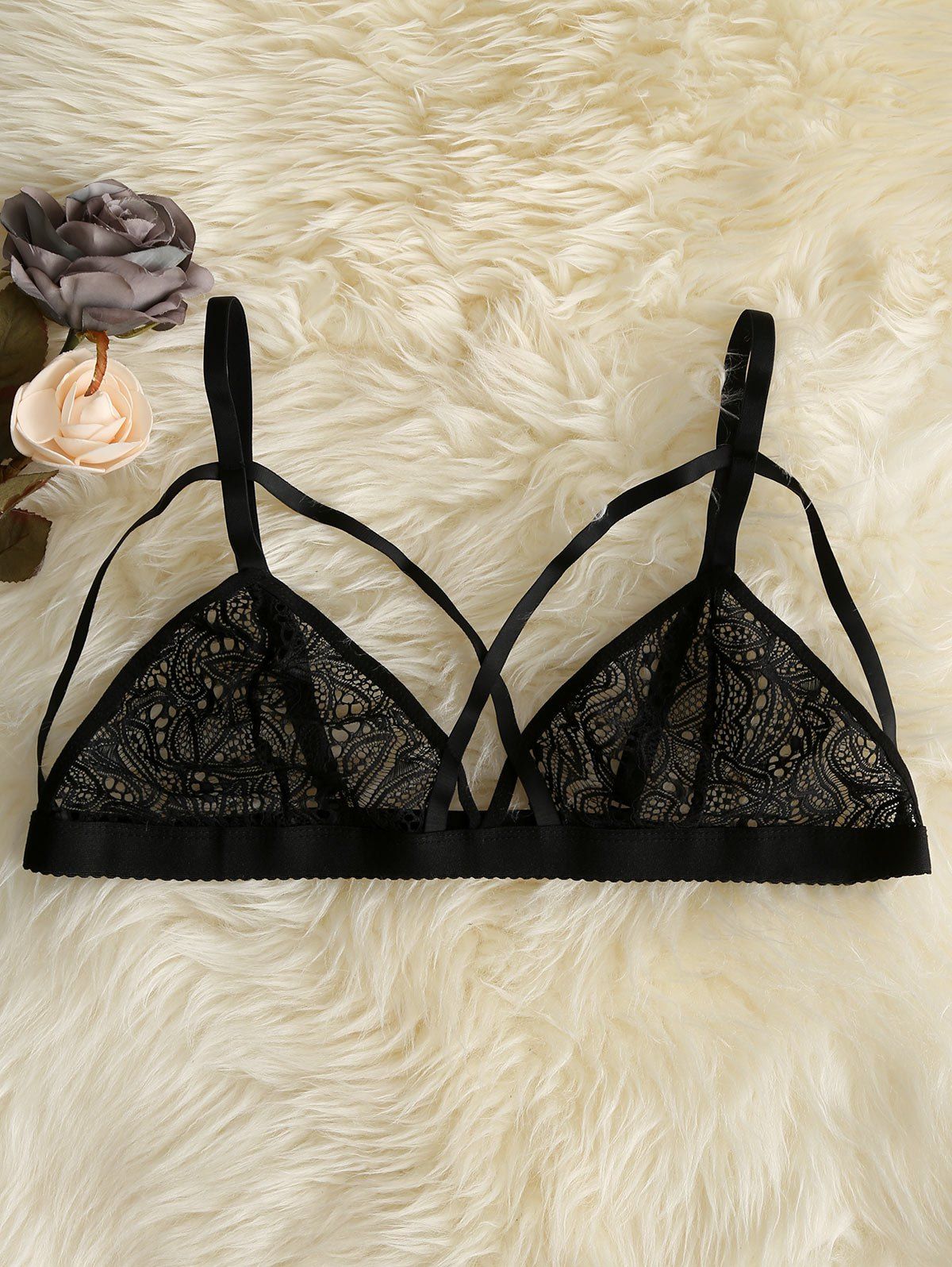 

Criss Cross Front Sheer Lace Bralette, Black