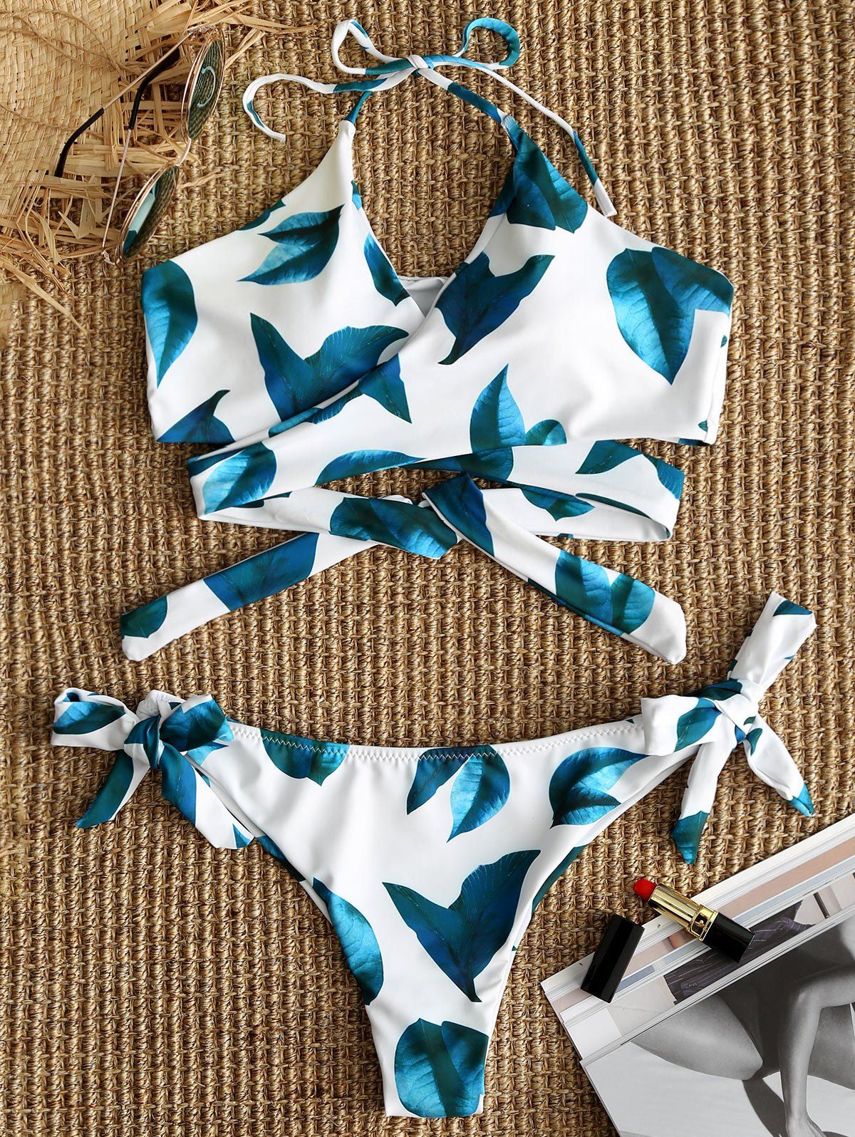

Leaves Pattern Wrap Bikini Set, White