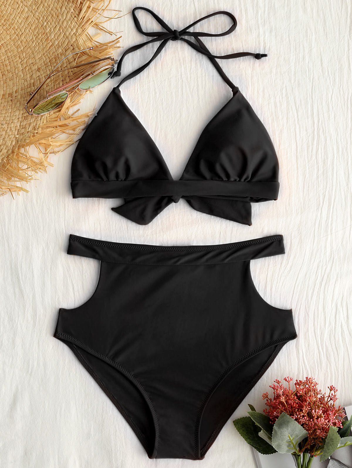 

Halter Neck Cut Out Bikini Set, Black