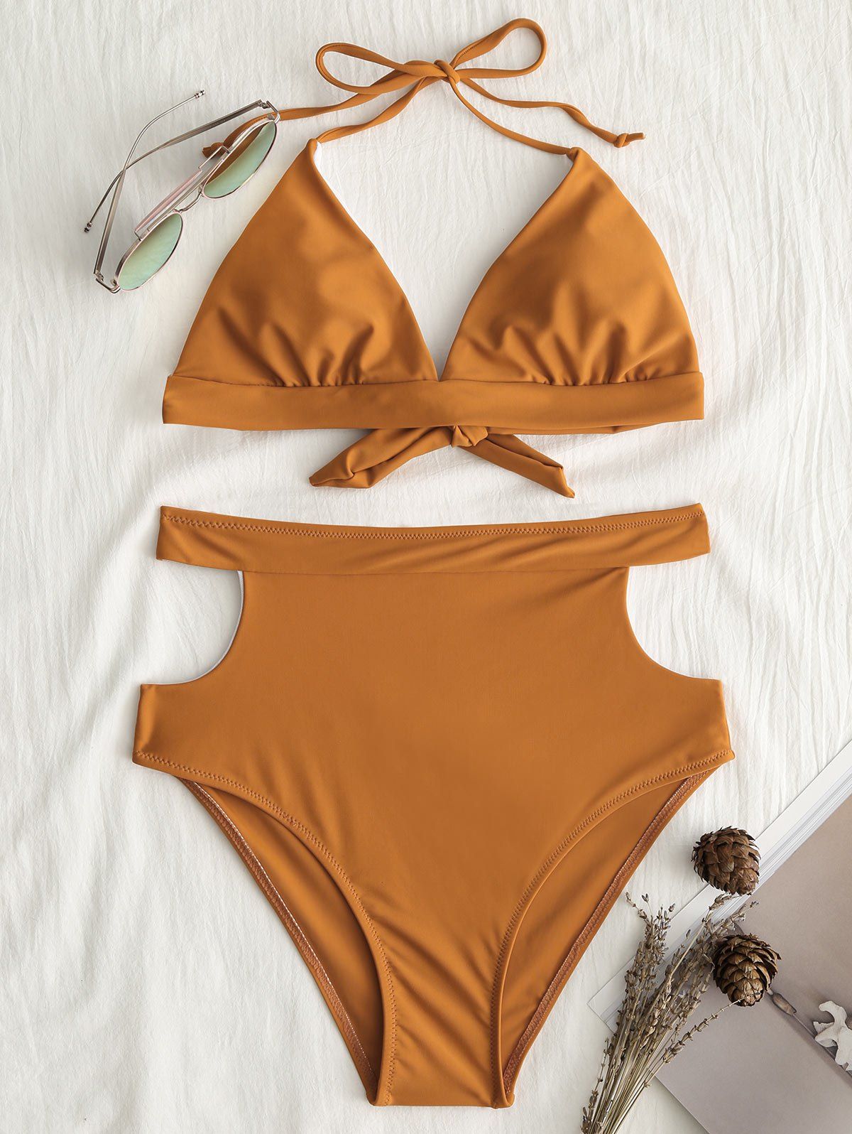 

Halter Neck Cut Out Bikini Set, Light coffee