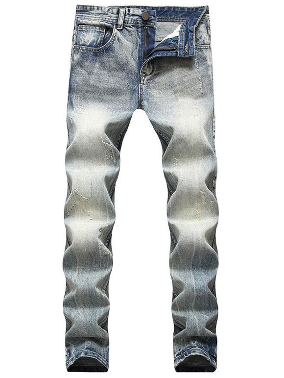 Jeans Délavé Whisker Design à Jambe Droite - Bleu clair 36