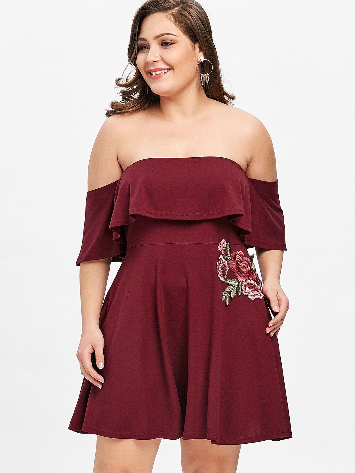 

Off Shoulder Floral Applique Plus Size Dress, Wine red
