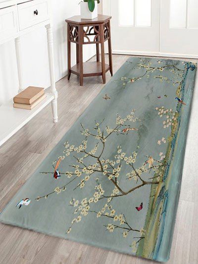 

Flowers and Birds Print Skidproof Flannel Bath Rug, Greyish green