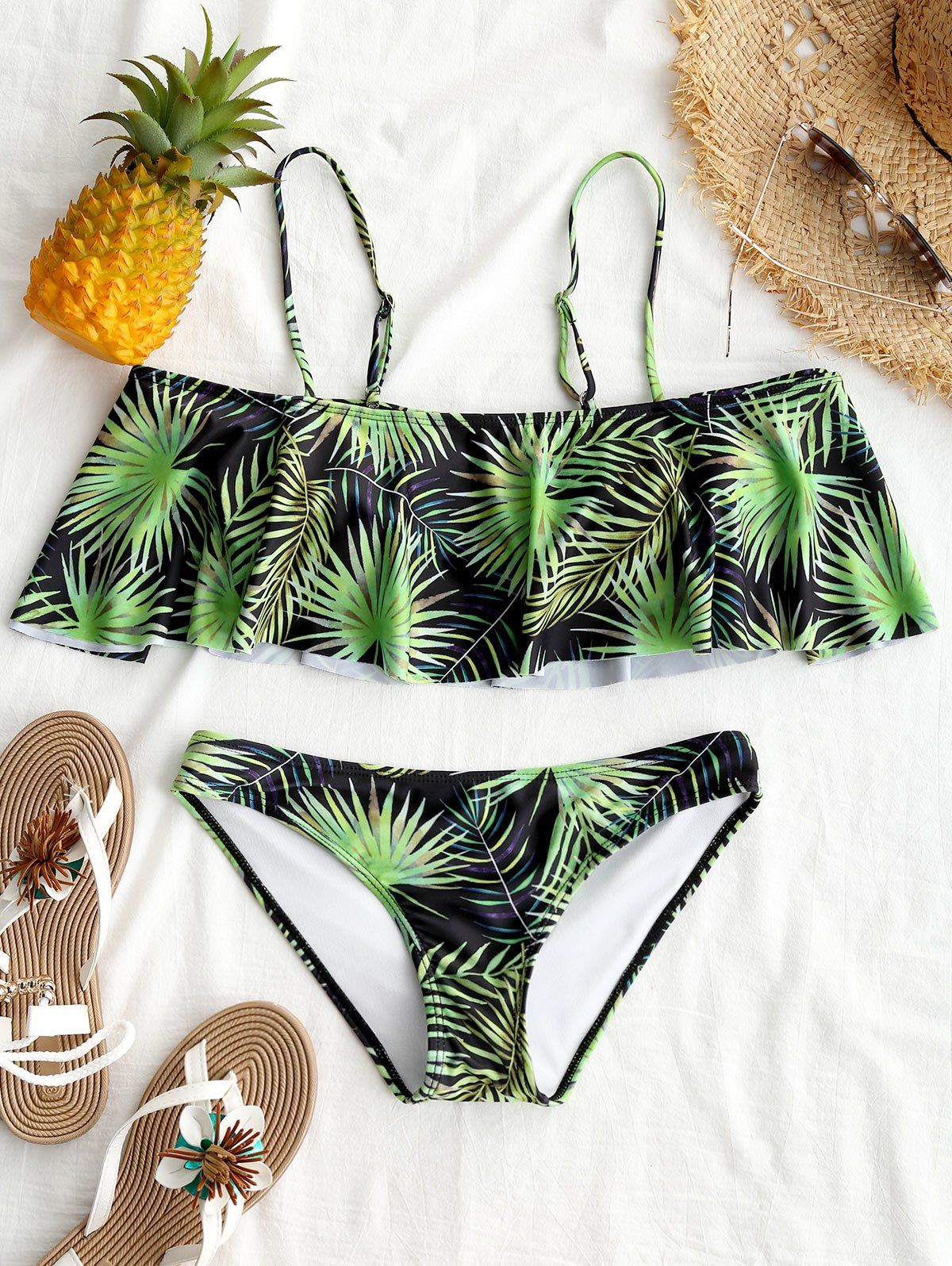 

Palm Tree Flounce Bikini Top Set, Colormix