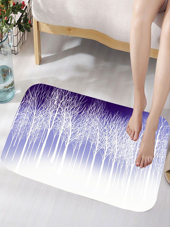 

Bare Trees Print Flannel Antiskid Bath Mat, White + purple