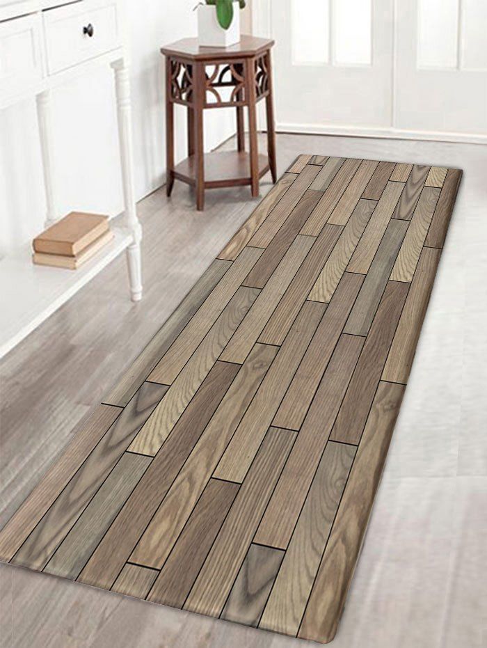 

Wood Plank Print Flannel Skidproof Bath Rug, Wood color