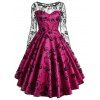 Long Sleeve Vintage Lace Overlay Dress - ROSE RED XL