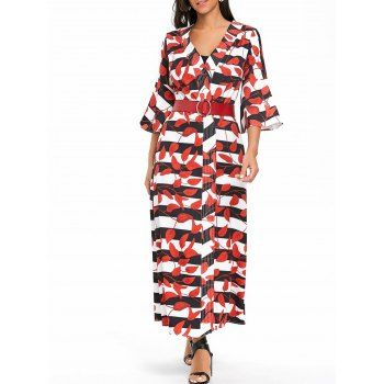 

Leaves Print Bell Sleeve Striped Maxi Coat, Red
