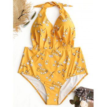 

Floral Halter Plus Size Swimwear, Yellow
