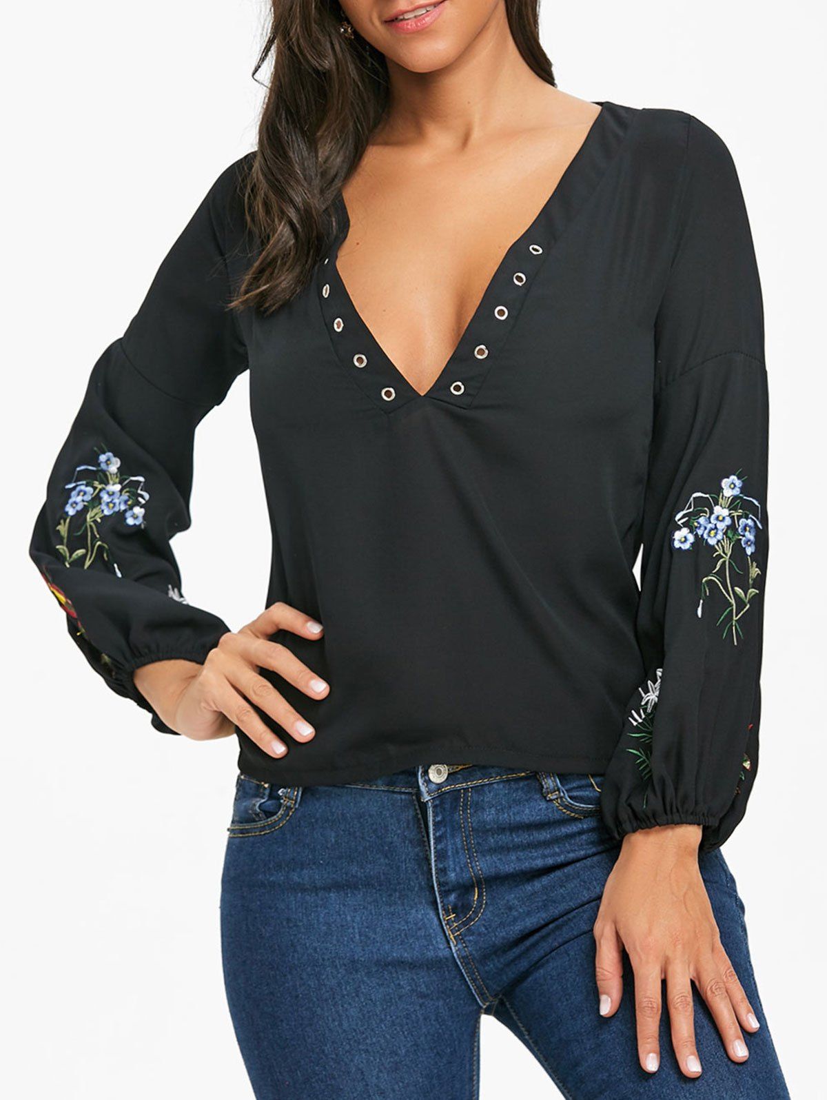 

Embroidered Plunging Neckline Chiffon Blouse, Black