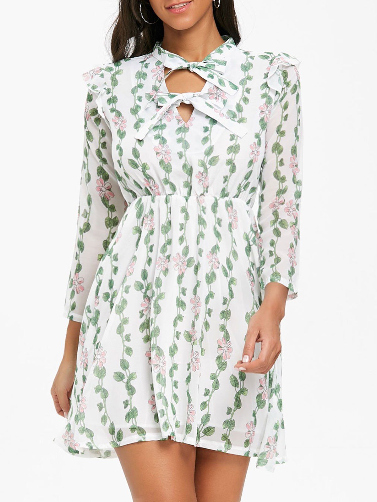 Floral Leaves Print Bow Neck Mini Dress - WHITE/GREEN XL