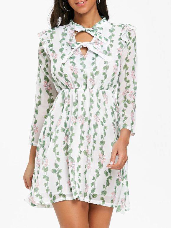 Mini-robe à Imprimé Feuille et Fleur à Nœud Papillon - Blanc et vert XL