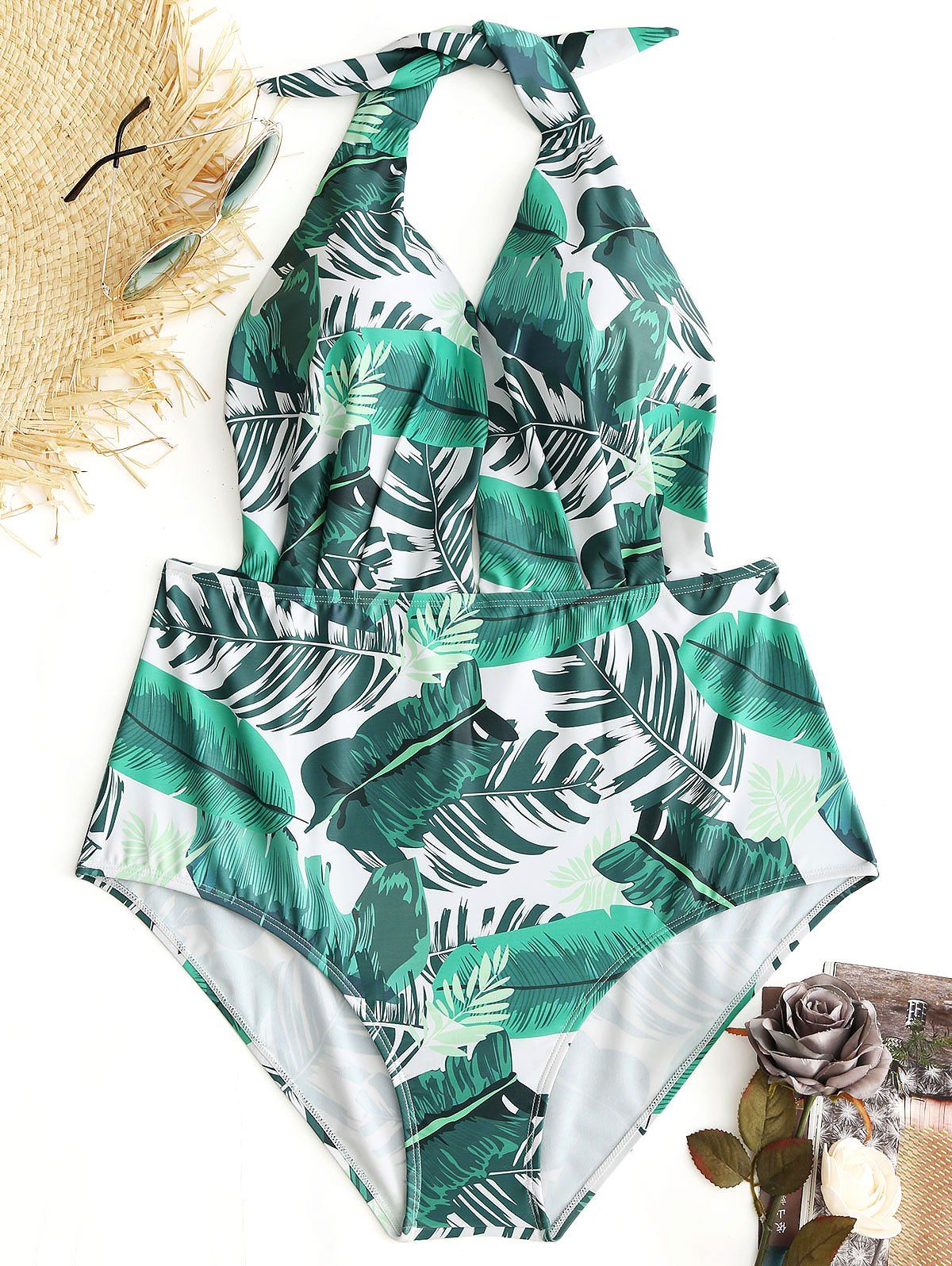 

Tropical Leaf Halter Plus Size Swimwear, White and green