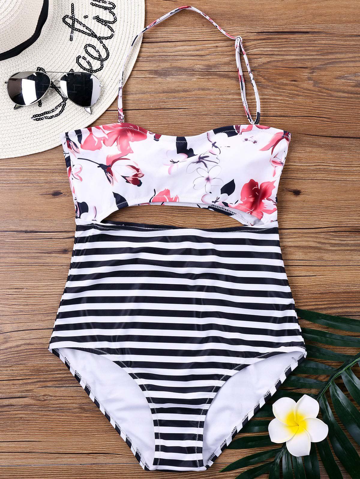 

Cut Out Striped One Piece Swimwear, Black stripe
