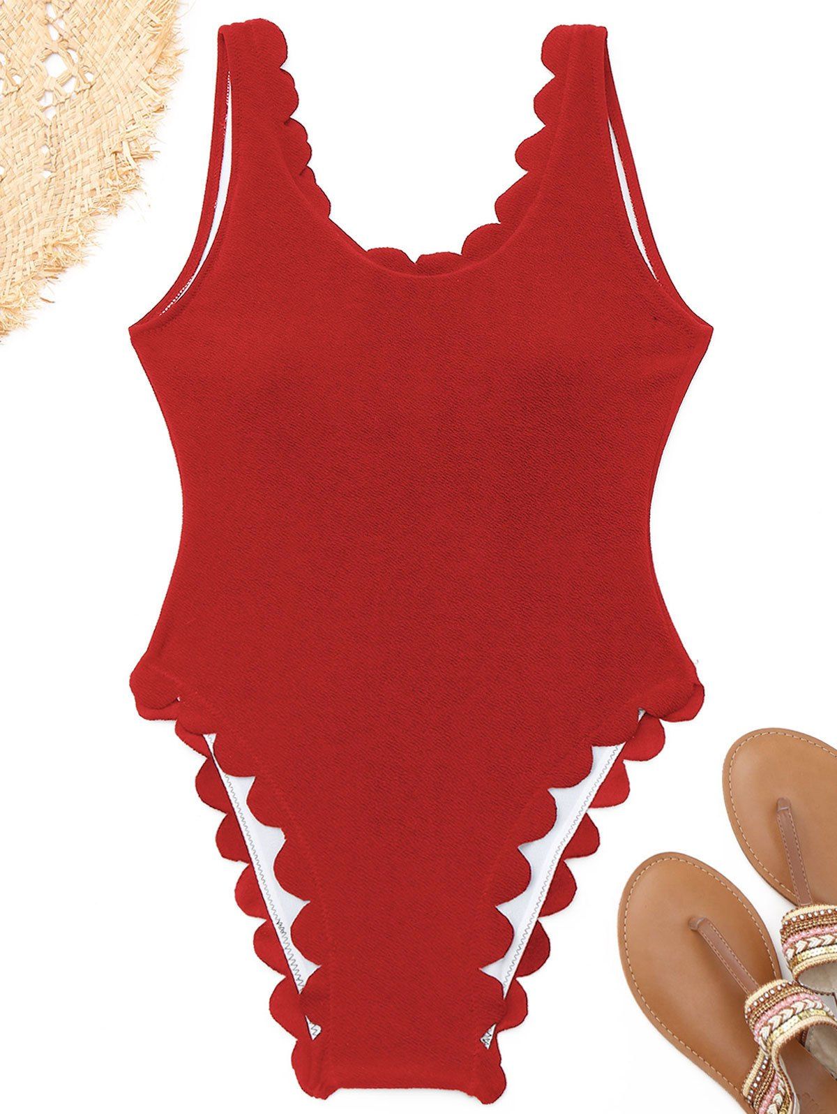 

Scalloped High Cut One Piece Swimwear, Red