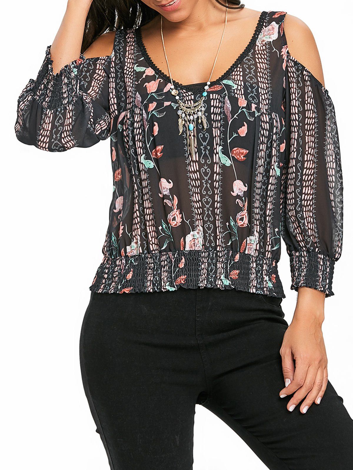 

Floral Cold Shoulder Chiffon Blouse, Black