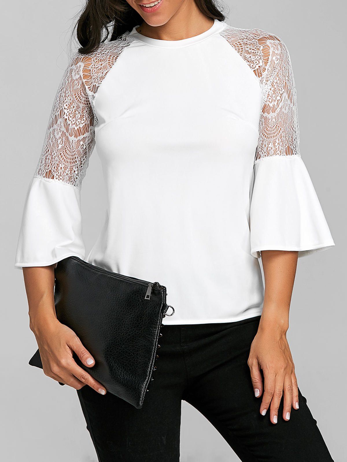 

Flare Sleeve Lace Insert Top, White