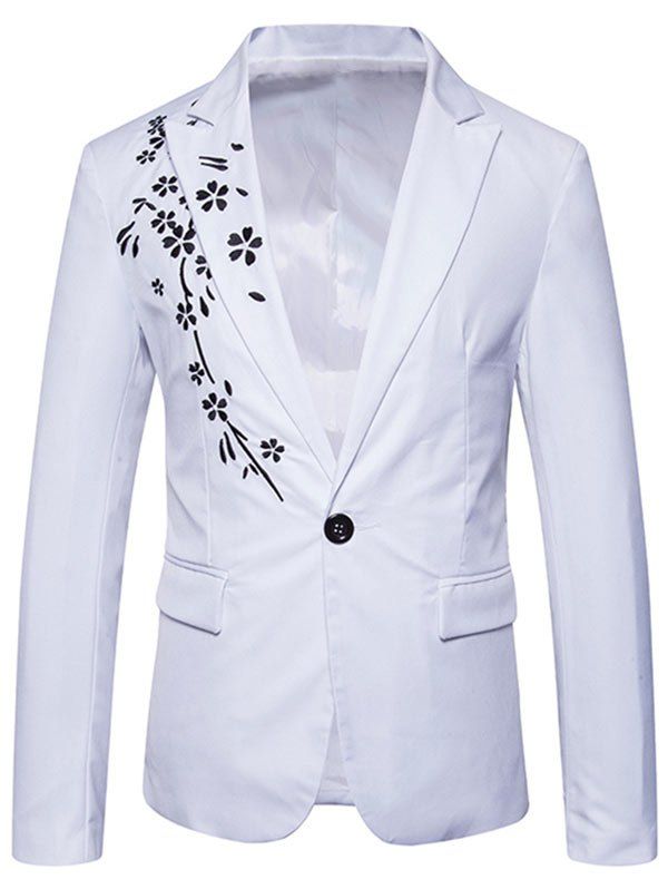 

Casual One Button Floral Embroidery Blazer, White