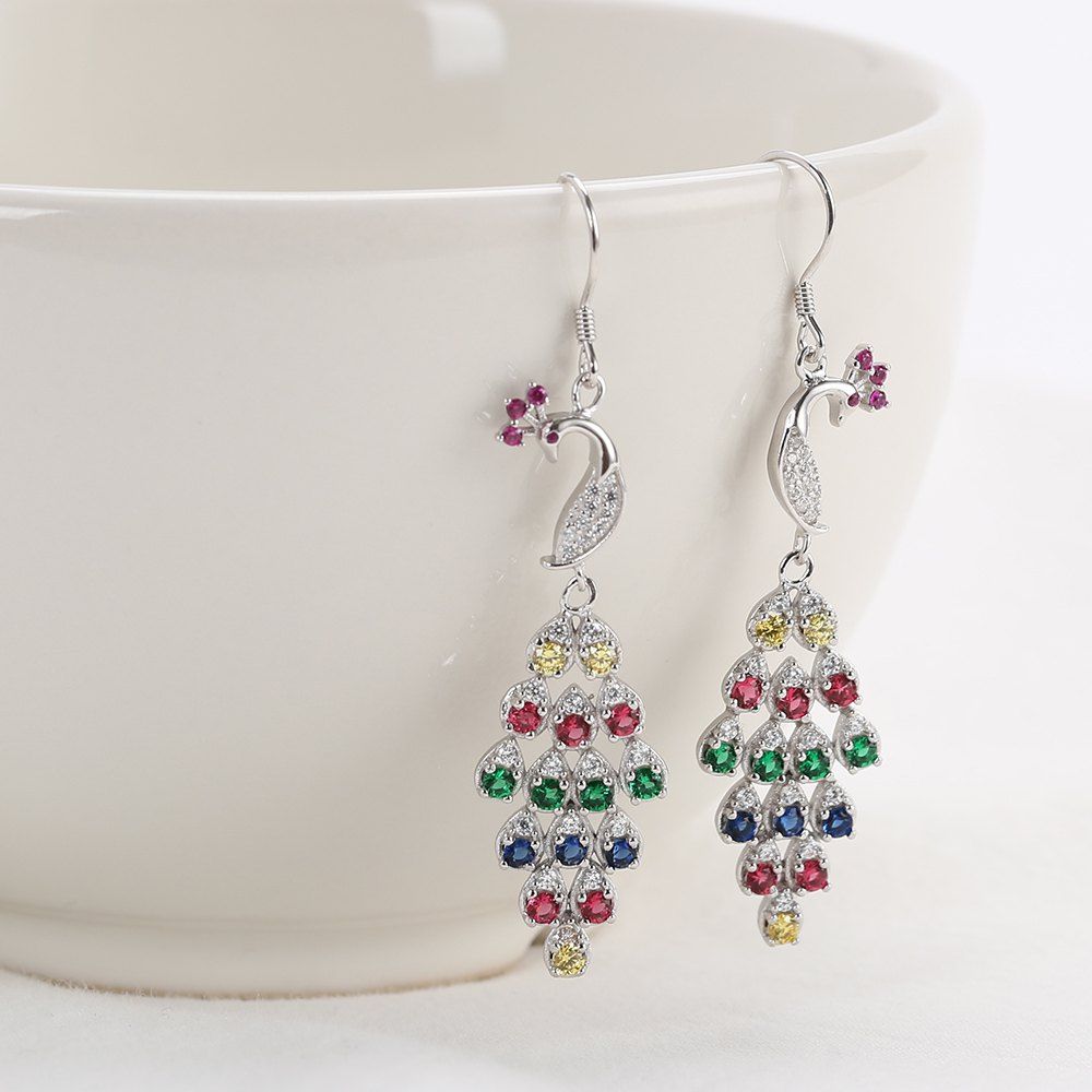 

Peacock Shaped Colorful Crystal Sliver Drop Earrings, Colormix