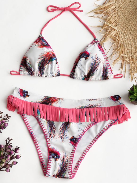 Ensemble de bikini licou imprimé plumes d'oiseaux colorés - Blanc M