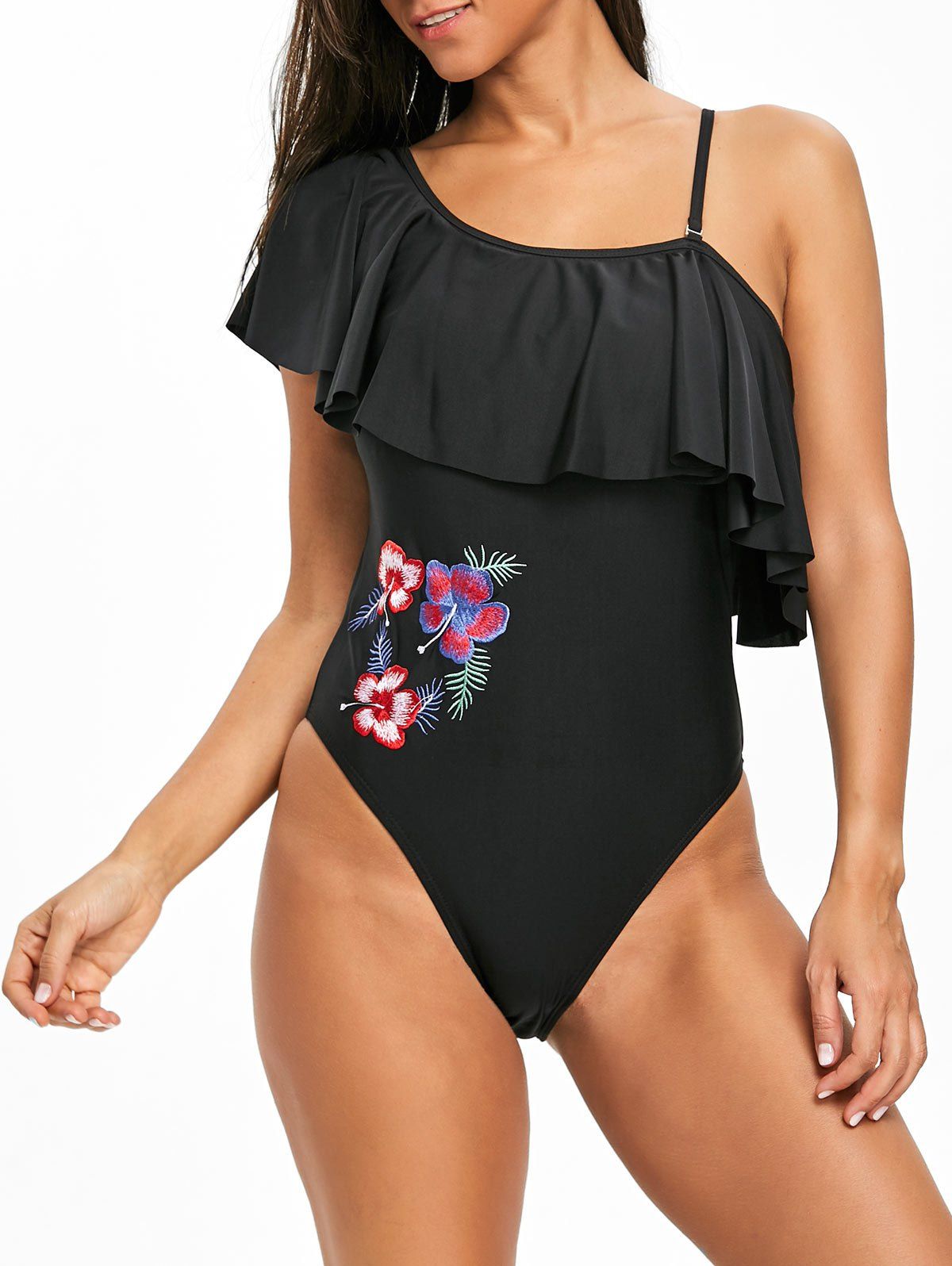 

Embroidered Flounce One Piece Swimsuit, Black