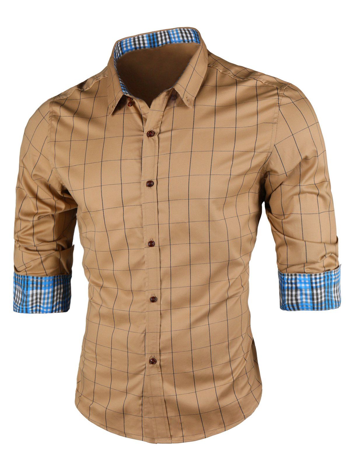 

Point Collar Long Sleeve Checked Shirt, Khaki