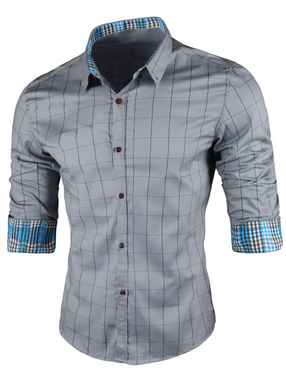 

Point Collar Long Sleeve Checked Shirt, Light grey