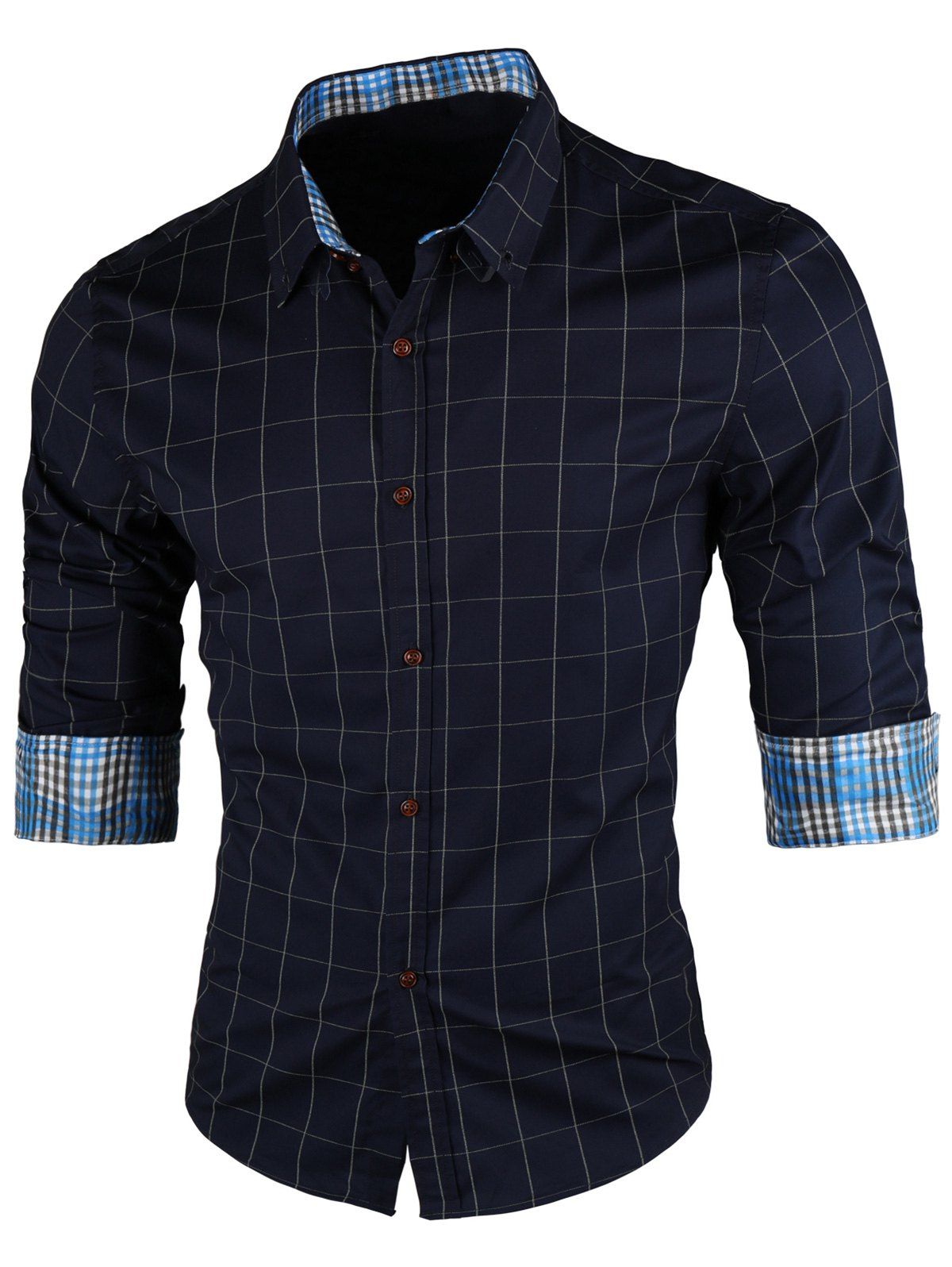 

Point Collar Long Sleeve Checked Shirt, Cadetblue