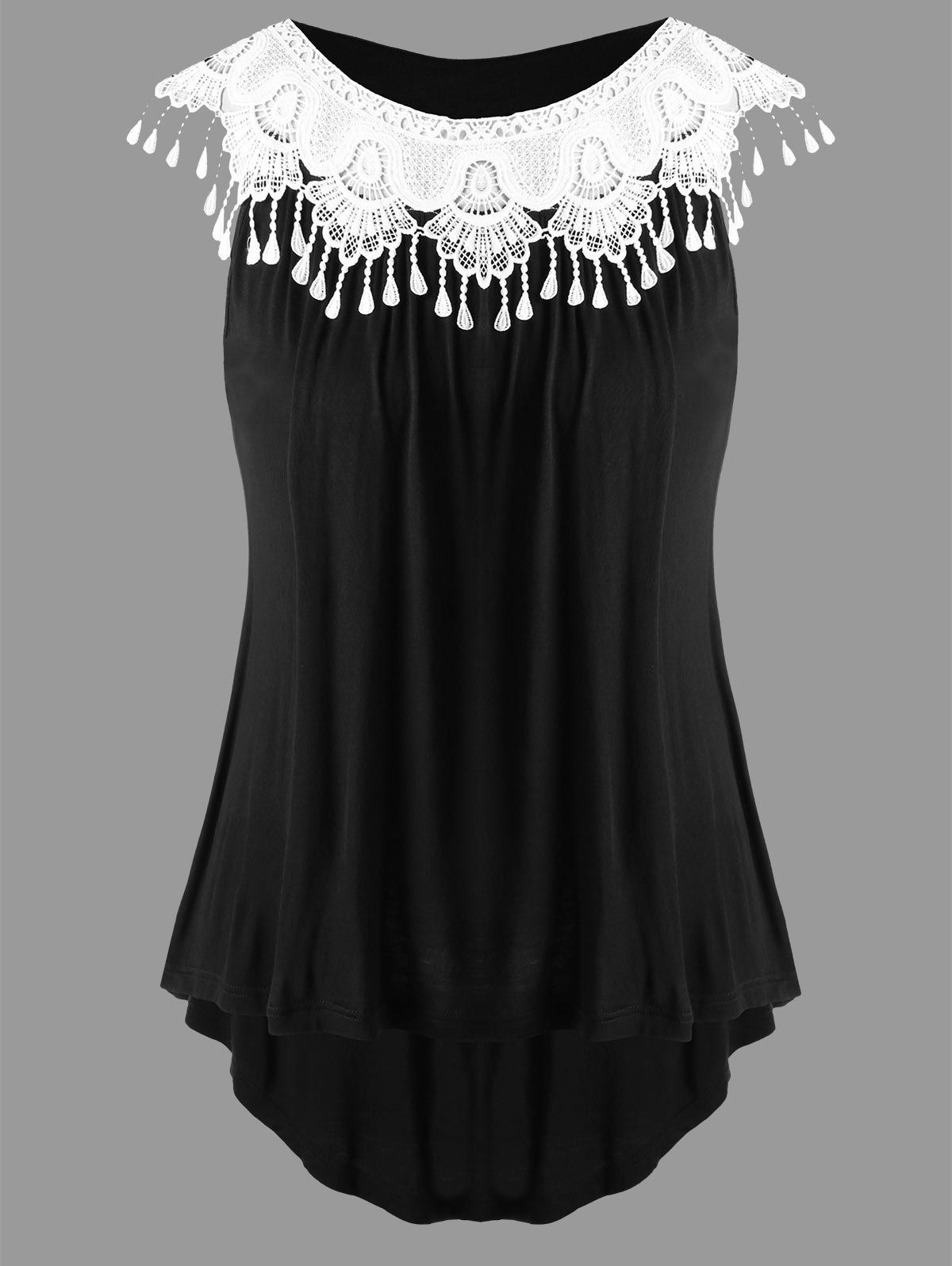 

Plus Size High Low Crochet Panel Top, Black