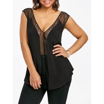 plus tops low cut tank plunging sheer thru panel lace rosegal neck dresslily