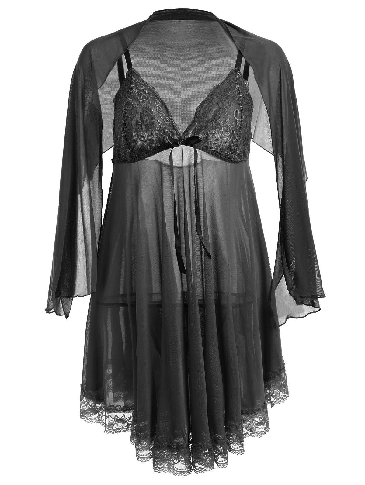 [41% OFF] 2021 Plus Size Mesh Sheer Babydoll Dress With Cape In BLACK ...