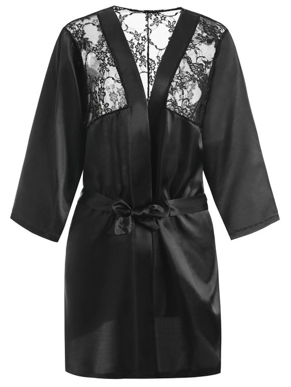 Robe Lingerie pour Femme à Panneau en Dentelle avec Ceinture Grande Taille - Noir 4XL
