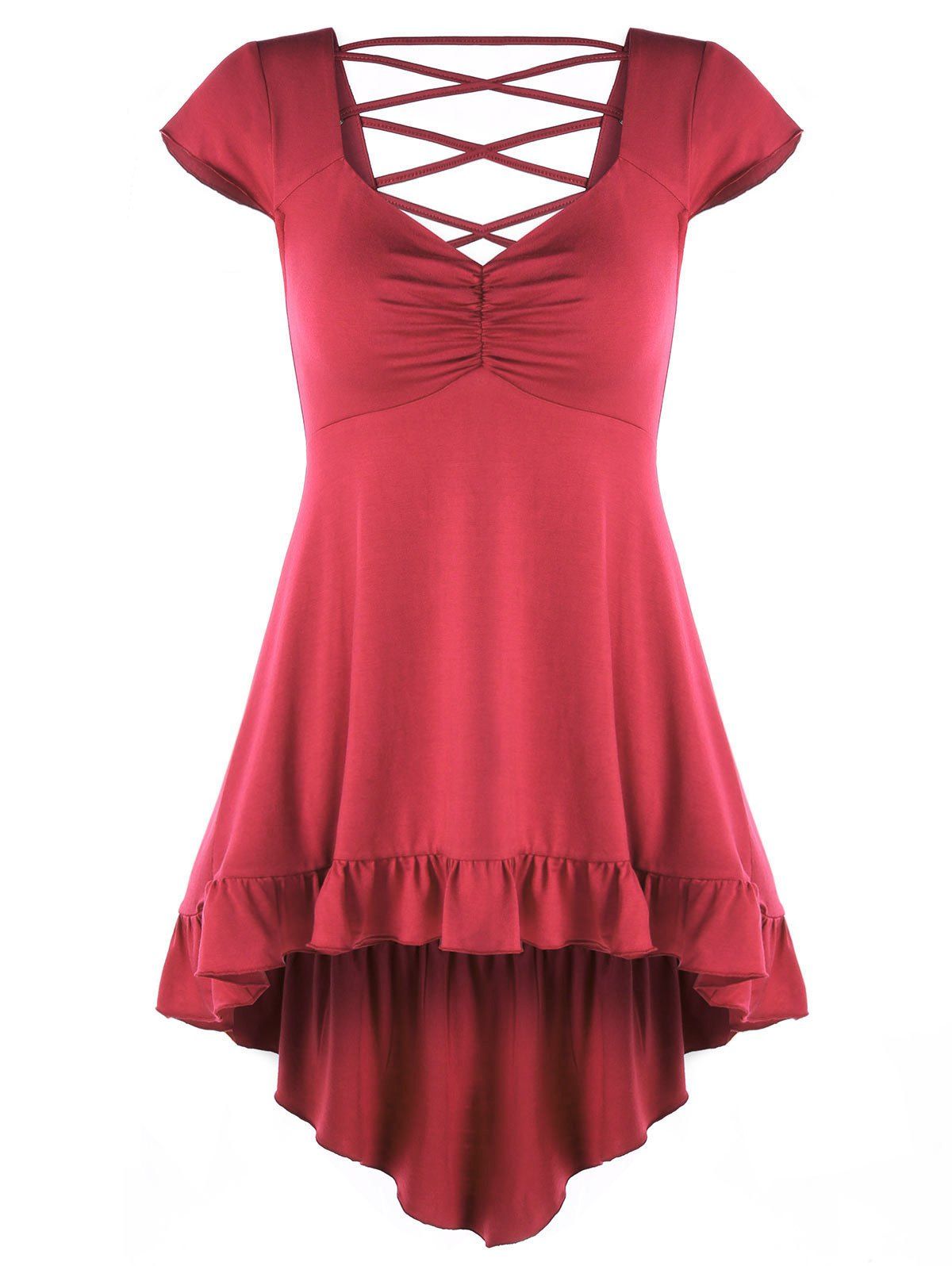 

High Low Lace Up Flounce Empire Waist Blouse, Red