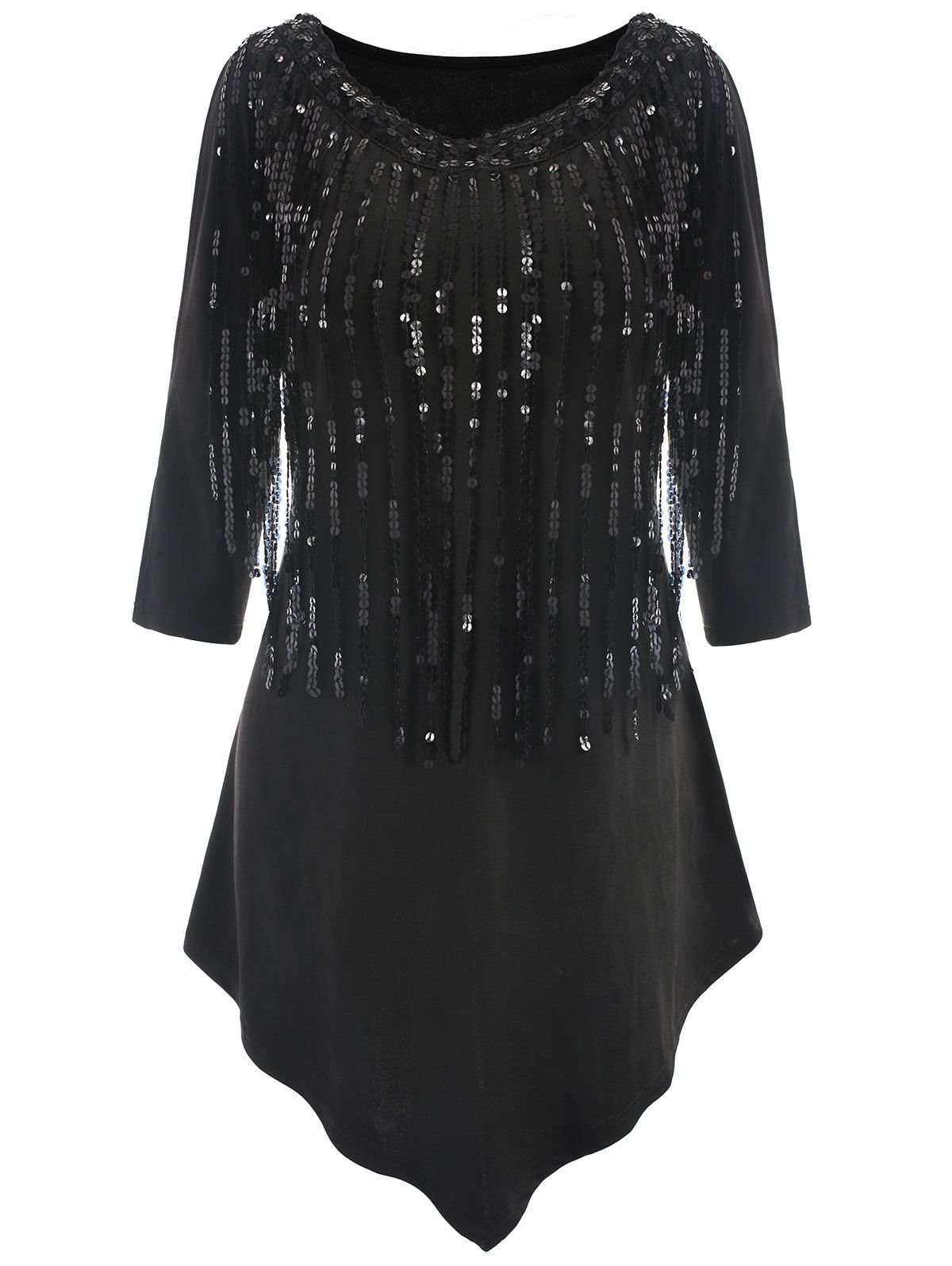 

Plus Size SAsymmetric Fringe Sequins Blouse, Black