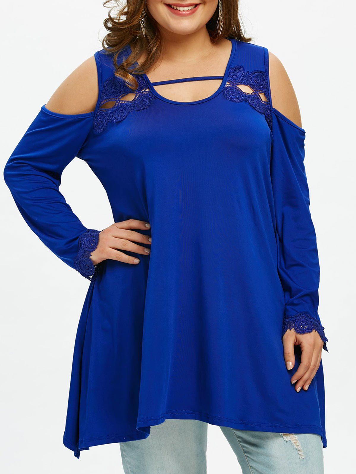 

Plus Size Cold Shoulder Long Sleeve T-shirt, Blue