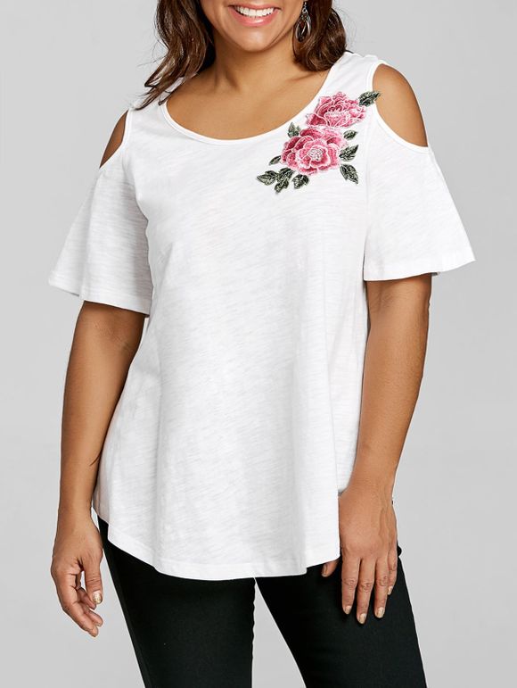 T-Shirt à Épaules Dénudées avec Broderie Grande-Taille - Blanc XL
