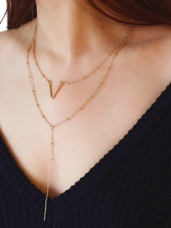 

Unique Letter V Pattern Multilayered Necklace, Golden