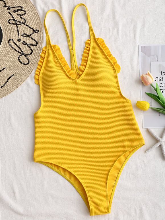 Maillot de Bain Une-Pièce Côtelé et Bordures Volantées - Jaune M