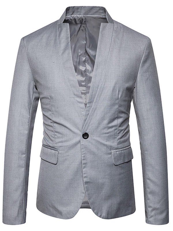 

Flap Pocket Stand Collar One Button Blazer, Gray