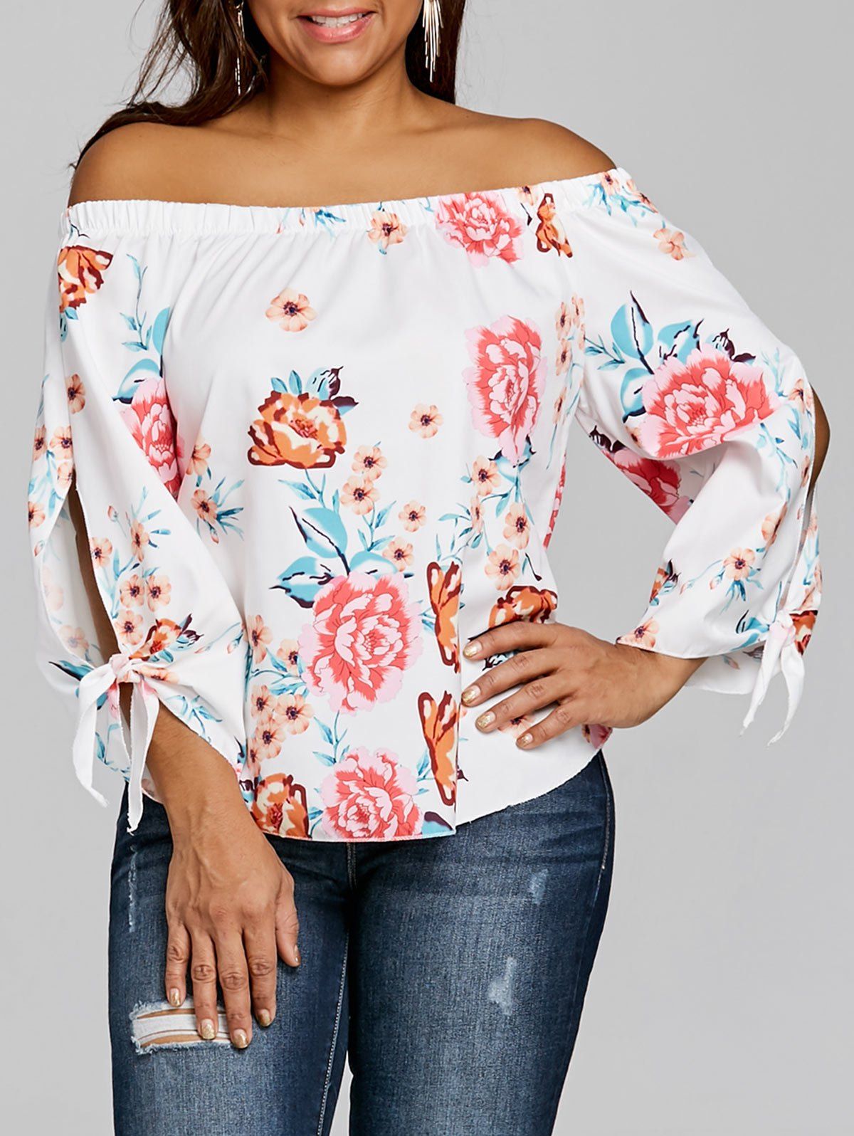 

Tie Self Plus Size Floral Off The Shoulder Top, White