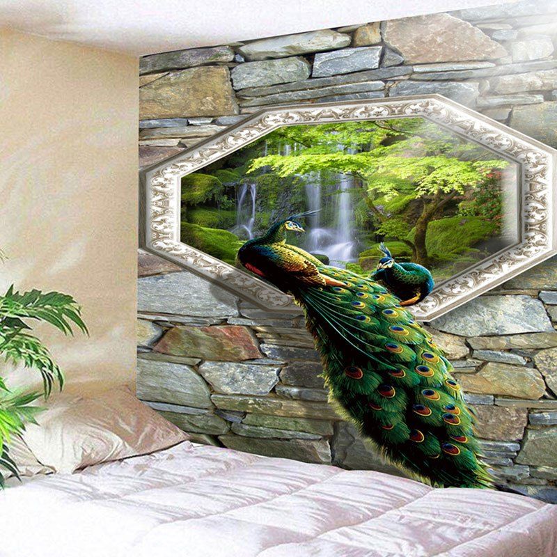 

Peacock Waterfall Stone Wall Decor Tapestry, Colormix