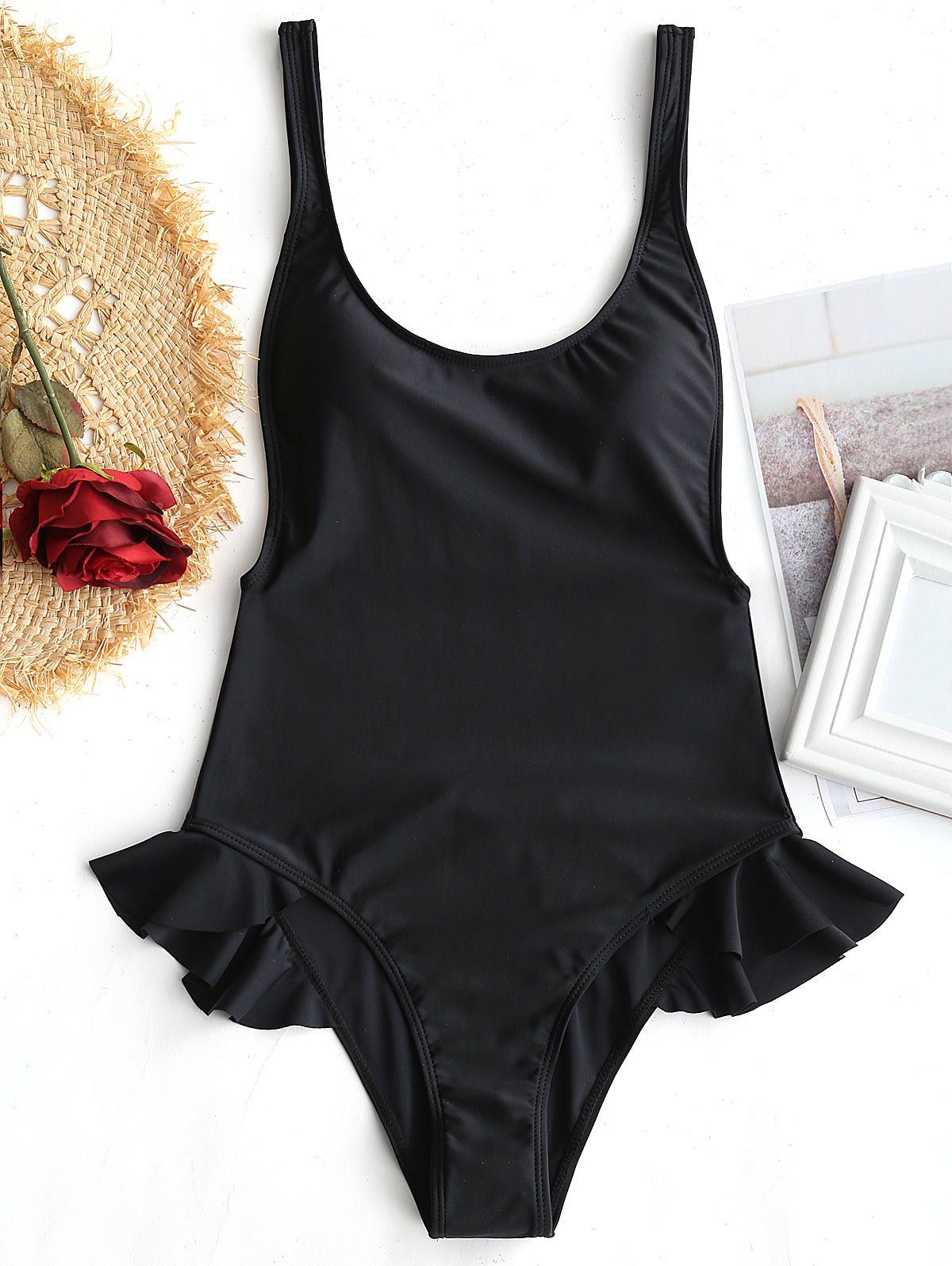 

Low Back Ruffles One Piece Swimwear, Black