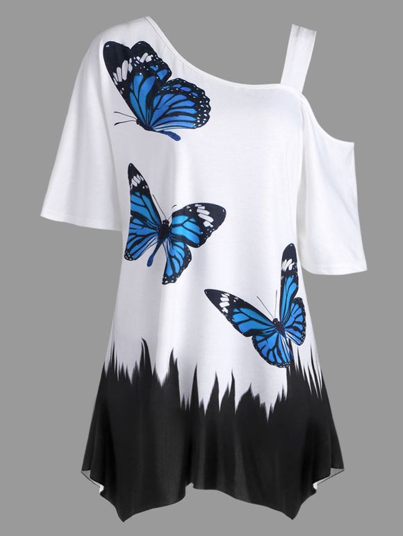 T-shirt Tunique Imprimé Papillon Grande Taille - Blanc 2XL